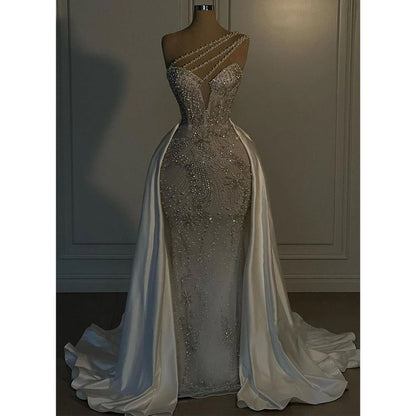 Sparkly One Shoulder Beaded V-neck Long Prom Dress Wedding Gowns