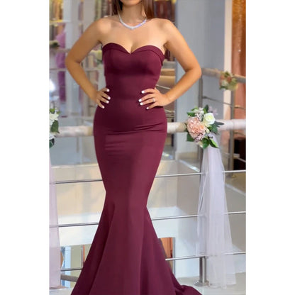 Elegant Mermaid Strapless Burgundy Long Prom Dress Evening Gowns