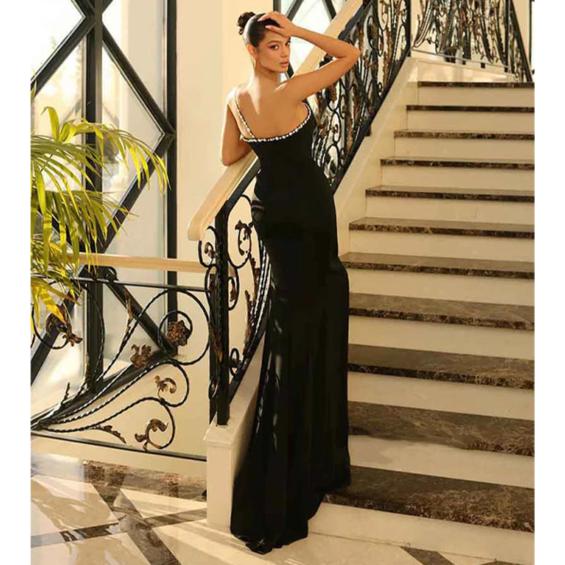 Unique One Shoulder Beads Long Prom Party Dress with Slit