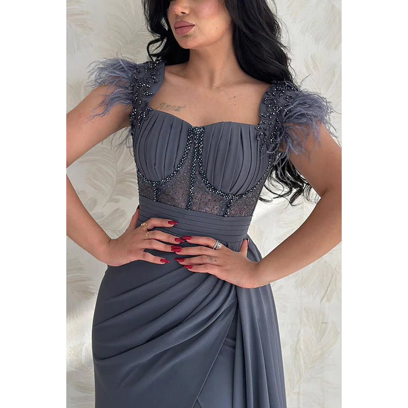 Square Neck Feather Beaded Ruched Satin Sheath Long Evening Dress