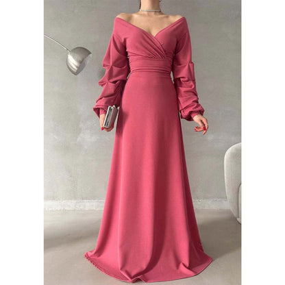 Simple A-line V-neck Off The Shoulder Puff Sleeves Long Prom Dress