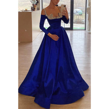 Satin A-Linie Off-Shoulder Perlenbesetztes Empire Party Ball Abendkleid 