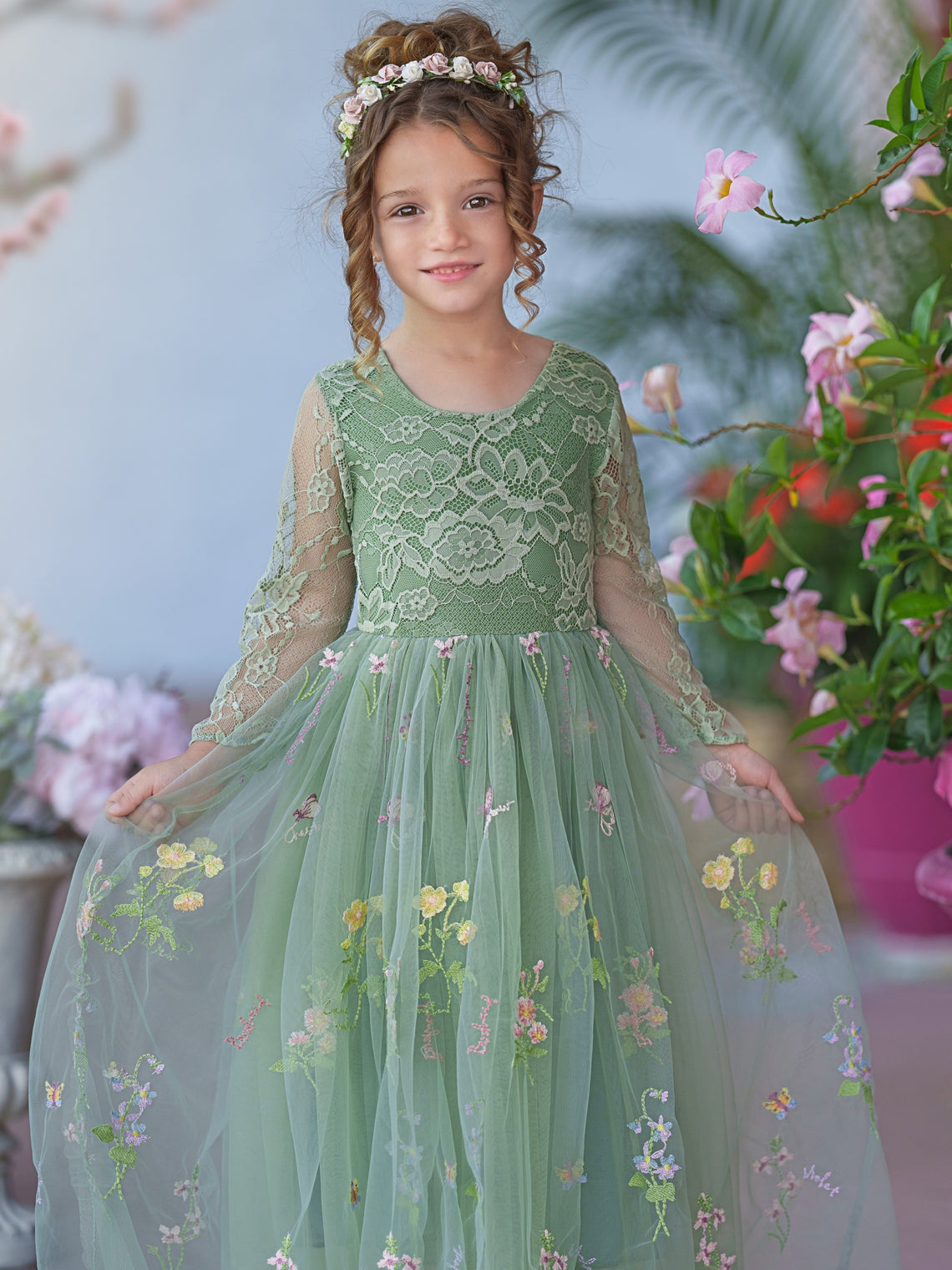 Floral Lace Embroidered Tulle A-Line Full-Length Garden Flower Girl Dress