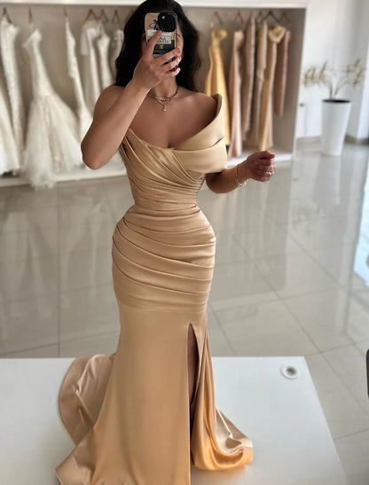 Elegant Dress Formal Prom Floor Length Sleeveless Off Shoulder Satin with Ruched Slit Prom Dresses