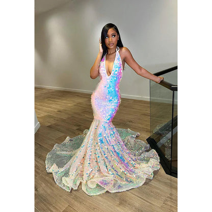 Trumpet/Mermaid V-Neck Sequined Backless Sleeveless Prom Evening Formal Dress