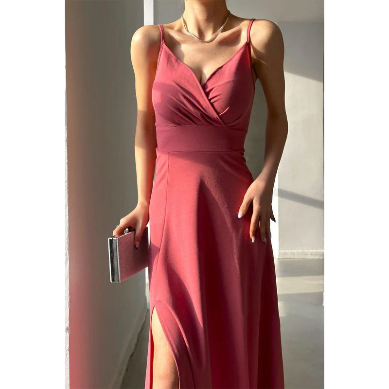 Simple A-line Sexy V-neck Straps Long Prom Party Dress with Slit