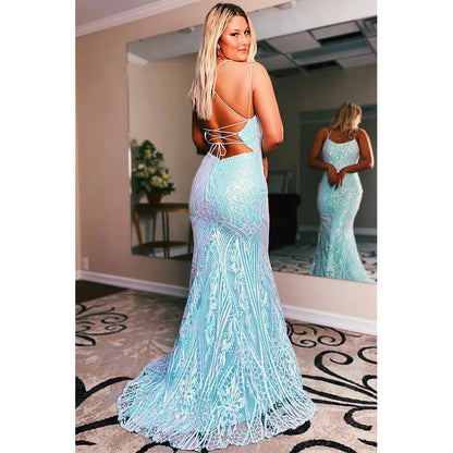 Spaghetti Straps Lace Appliques Long Prom Dress