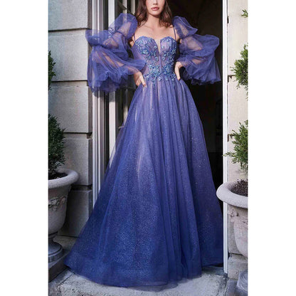 Sparkly V-Neck Long Sleeves Appliqued Sheer Tulle A-Line Long Prom Dress