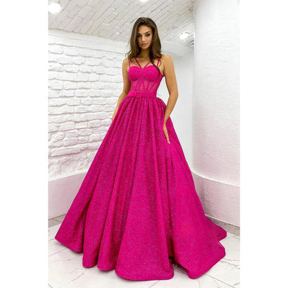 Women's Spaghetti Straps Sparkly Prom Ball Gown with Pockets