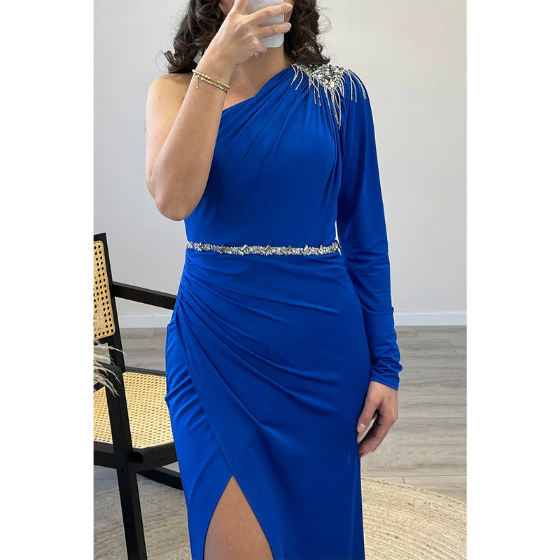 Sheath/column One Shoulder Beaded Royal Blue Satin Long Prom Dress