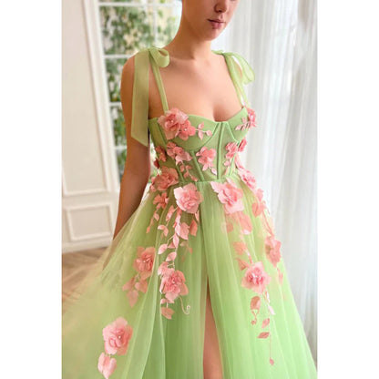 Sweetheart Appliqued Tulle A-Line Long Prom Gown With Slit