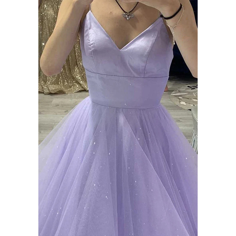 V-Neck Spaghetti Straps Sparkly Tulle A-Line Long Prom Dress