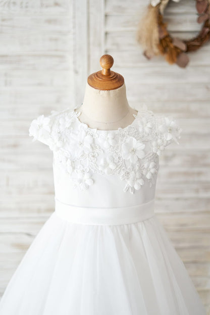 Satin Tulle Tea-length Ivory First Communion Flower Girl Dress