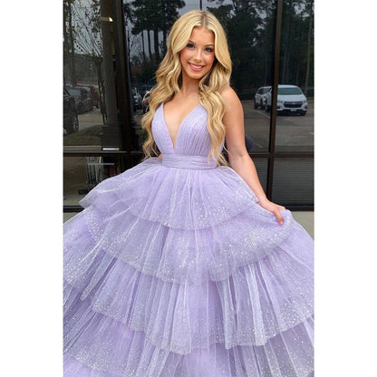 Sparkly Lilac V-neck Ball Gown Long Prom Dress Evening Gowns