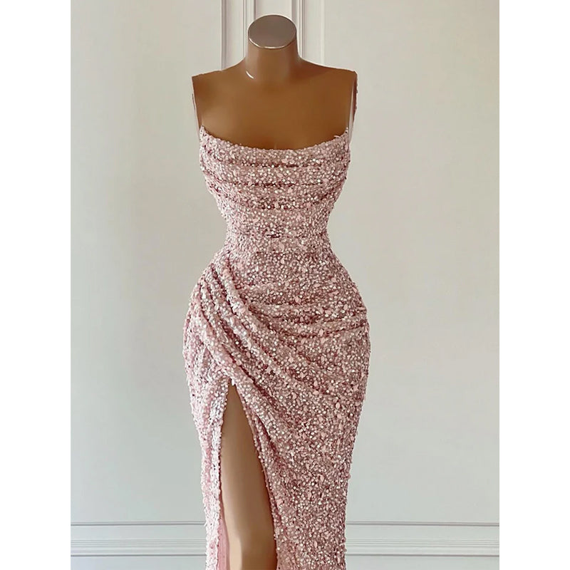 Unique Scoop Pleats Side Slit Long Prom Formal Dress