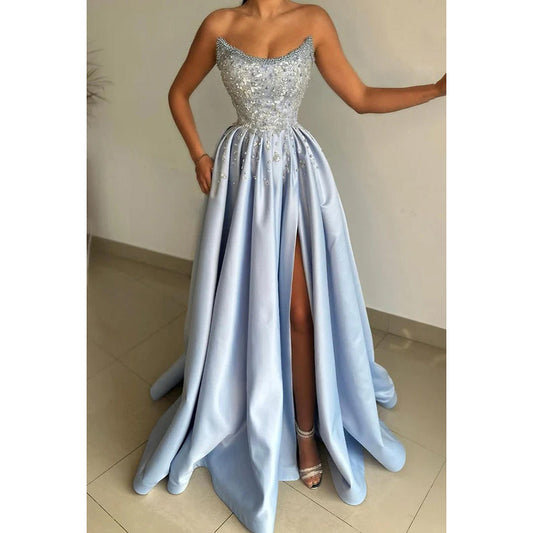 Elegant Luxurious Beaded Off-Shoulder Sleeveless Long A-Line Slit Formal Prom Dress