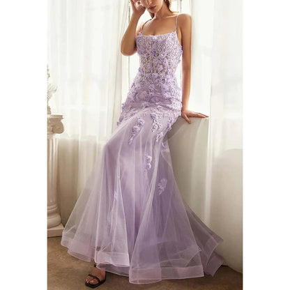 Spaghetti Straps Floral Appliqued Sheer Tulle Mermaid Long Prom Evening Dress