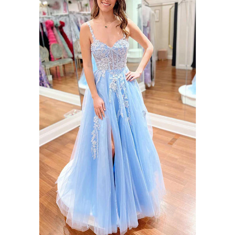 Tulle A-line Illusion Appliques with Side Slit Party Prom Evening Dress