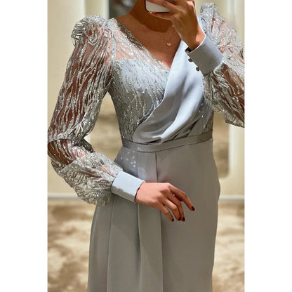 Sheath/Column V-Neck Satin Beaded Long Sleeves Prom Evening Formal Dress