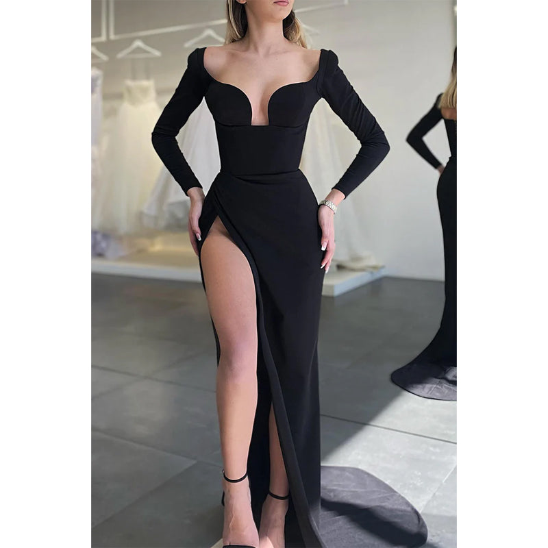 Sexy V-neck High Split Long Sleeves Formal Evening Dress