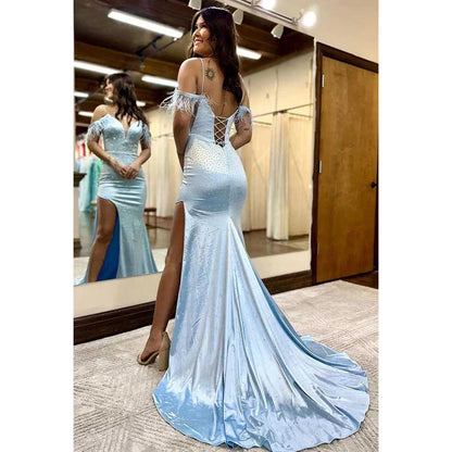 V-Neck Off-Shoulder Sparkly Sheath Long Prom Dress With Slit