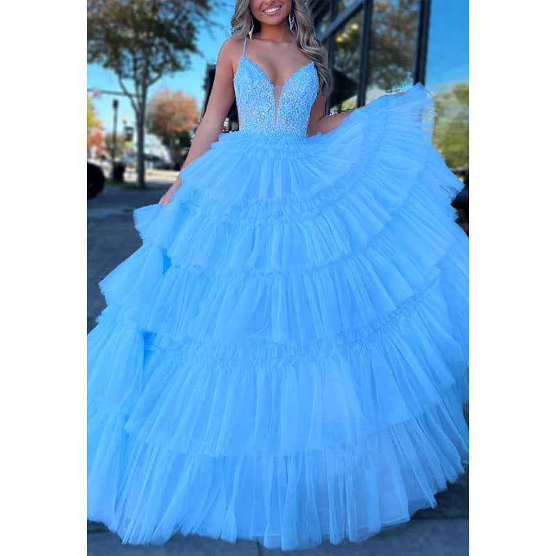 V-neck A-line Appliques Tiered Tulle Party Prom Evening Dress