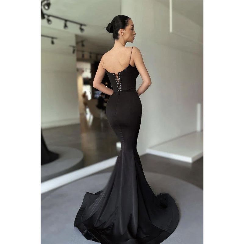 Plunging V-neck Spaghetti Straps Black Mermaid Prom Dresses