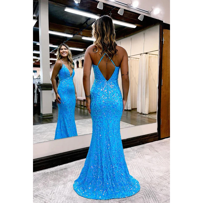 Spaghetti Straps V-Neck Sequins Applique Mermaid Party Prom Dress