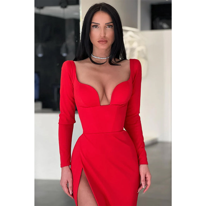 Sexy V-neck High Split Long Sleeves Formal Evening Dress