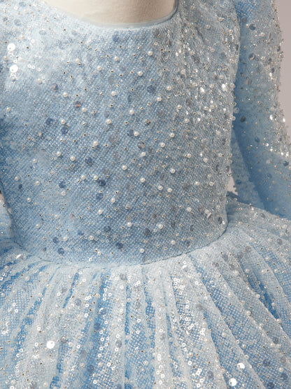 Long Sleeves Knee-length Blue Sequins Girl birthday Dress