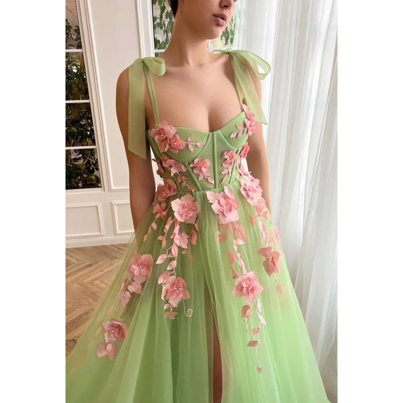 Sweetheart Appliqued Tulle A-Line Long Prom Gown With Slit