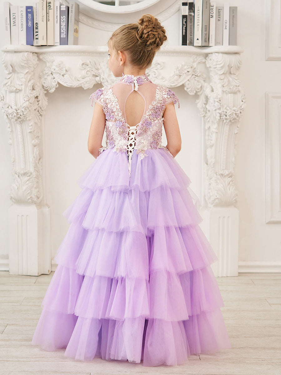 Lilac Tulle Princess Ball Gown with Floral Appliques and Beading for Girls