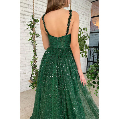 Vestido de fiesta largo con tirantes finos, lentejuelas y bolsillos brillantes de color verde para mujer