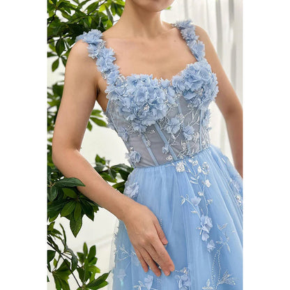 Glamorous & Dramatic Straps Square A-line Tulle Applique Formal Prom Dress With Flower