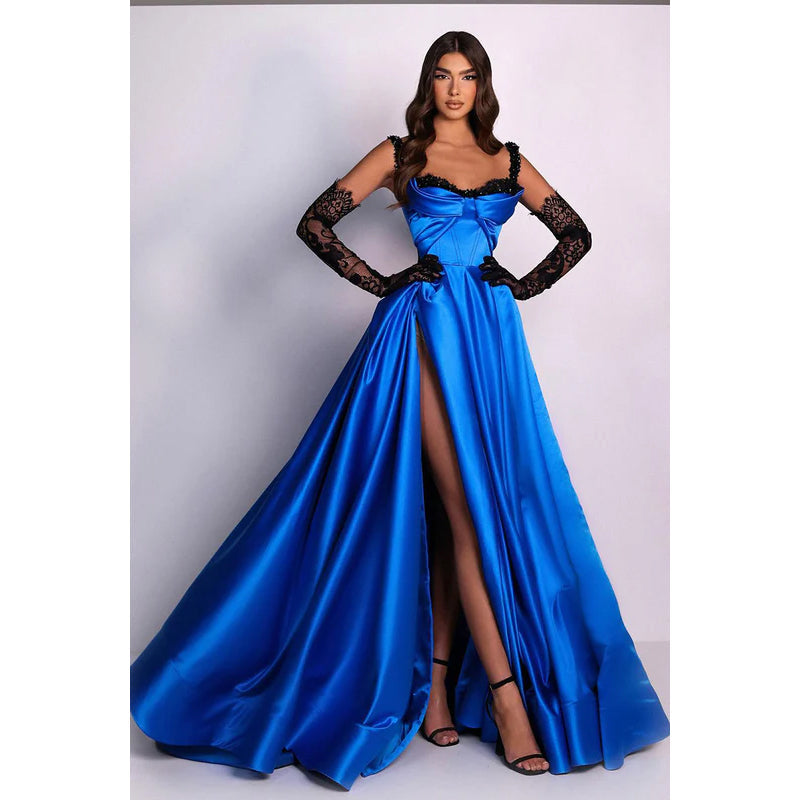 Sweetheart Beaded Satin A-Line Long Prom Gown With Thigh Slit