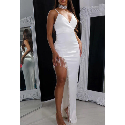 V-Neck Spaghetti Straps Beaded Sheath Long Prom Gown With Slit