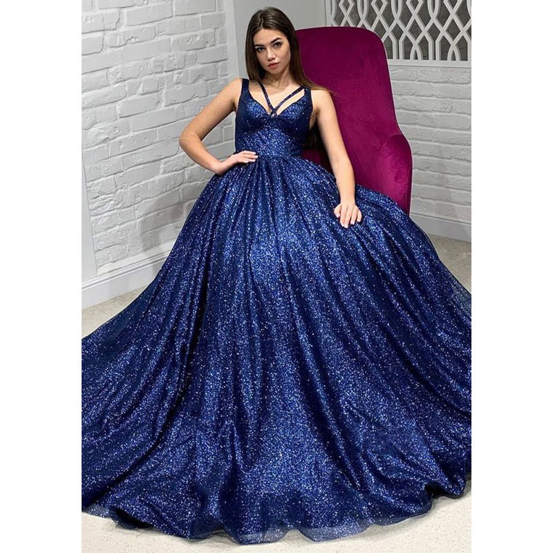 Sexy V-neck Royal Blue Sparkly Prom Ball Gown with Pockets