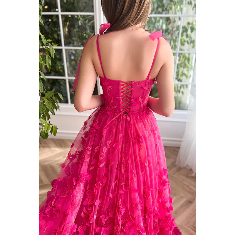 Square Neck Lace Appliqued Tulle A-Line Long Prom Evening Dress with Slit