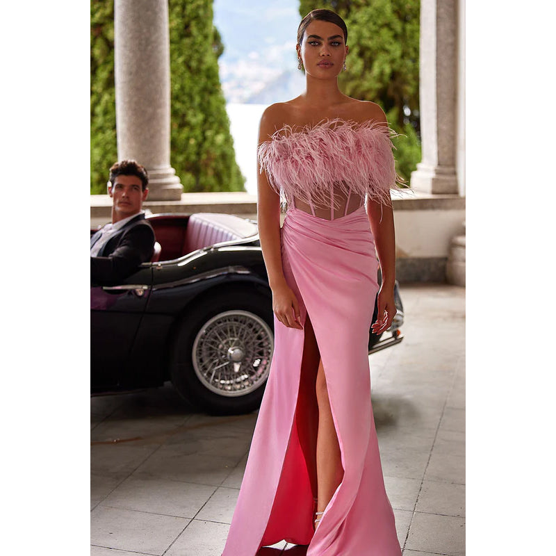 Strapless Feather Sheer Ruched Sheath Long Prom Formal Gown