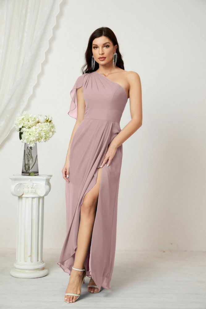 Numbersea Chiffon Ruffled One Shoulder Long Bridesmaid Dresses A-line Formal Evening Gown Side Split 2809-numbersea