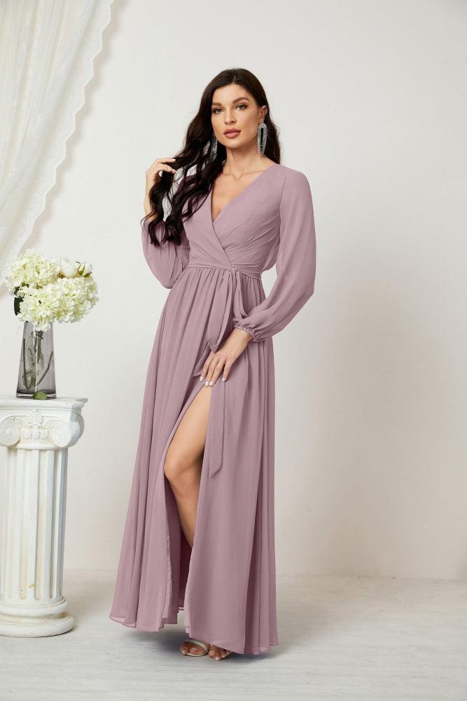 Numbersea Evening Dresses Deep V-Neck Chiffon Bridesmaid Dresses Long Bishop Sleeve Side Split Formal Dress 2806-numbersea