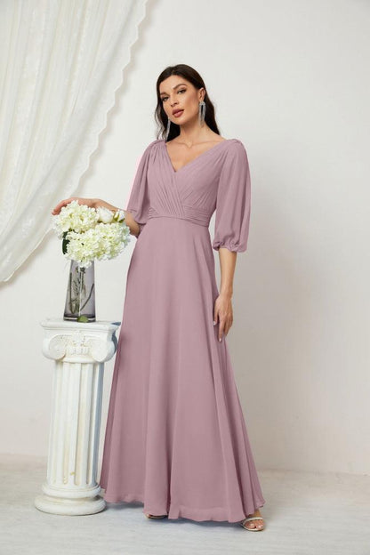 Numbersea Formal Prom Gown Women V-Neck Chiffon Bridesmaid Dresses Long Bishop Sleeve Party Dress 2807-numbersea