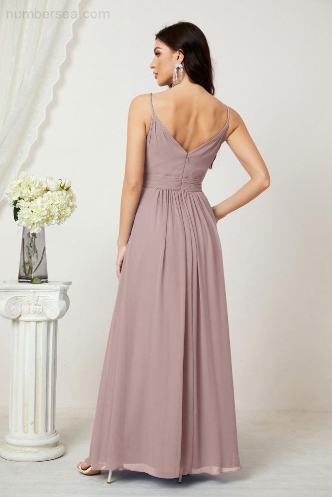 Numbersea Chiffon V-Neck Bridesmaid Dress Spaghetti Strap Long Formal Party Prom Gowns with Slit 28010-numbersea