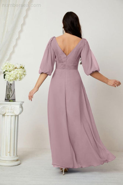 Numbersea Formal Prom Gown Women V-Neck Chiffon Bridesmaid Dresses Long Bishop Sleeve Party Dress 2807-numbersea