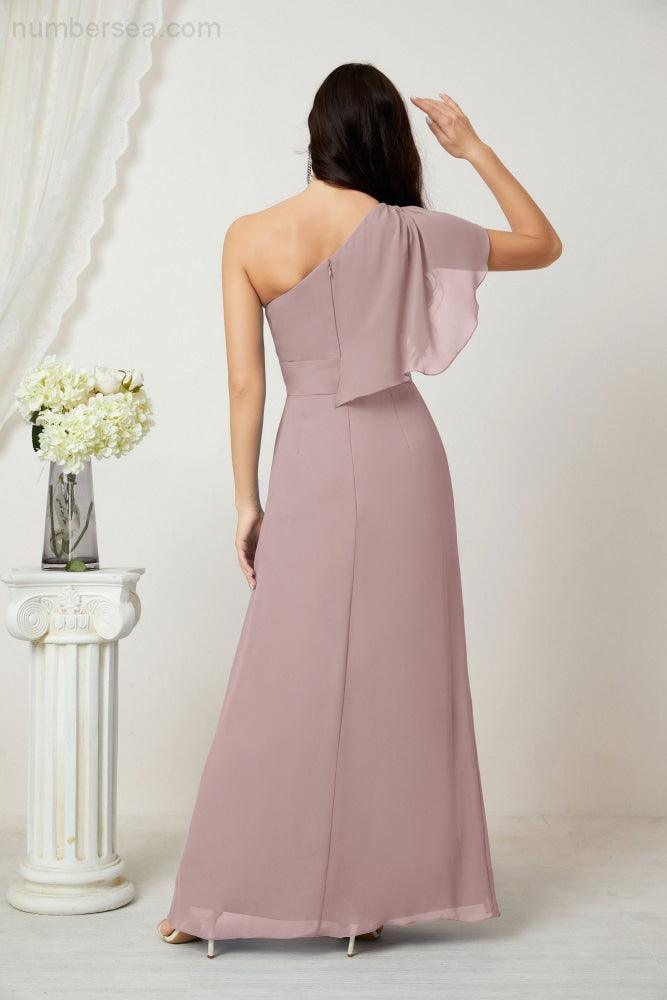 Numbersea Chiffon Ruffled One Shoulder Long Bridesmaid Dresses A-line Formal Evening Gown Side Split 2809-numbersea