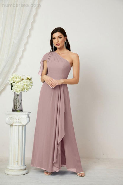 Numbersea Chiffon Ruffled One Shoulder Long Bridesmaid Dresses A-line Formal Evening Gown Side Split 2809-numbersea