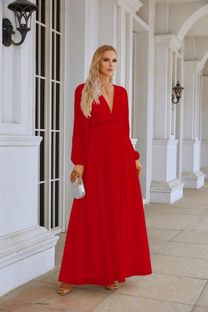 Ladies V Neck Chiffon Long Sleeve Front Slit Bridesmaid Evening Dress Wedding Party Shopping Evening Dress 28109-numbersea