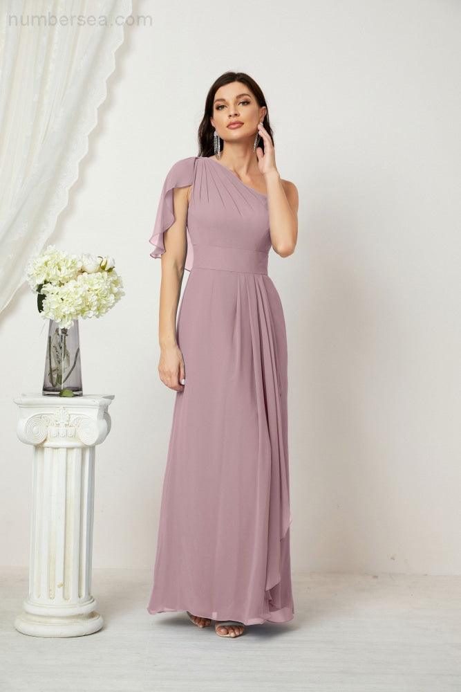 Numbersea Chiffon Ruffled One Shoulder Long Bridesmaid Dresses A-line Formal Evening Gown Side Split 2809-numbersea