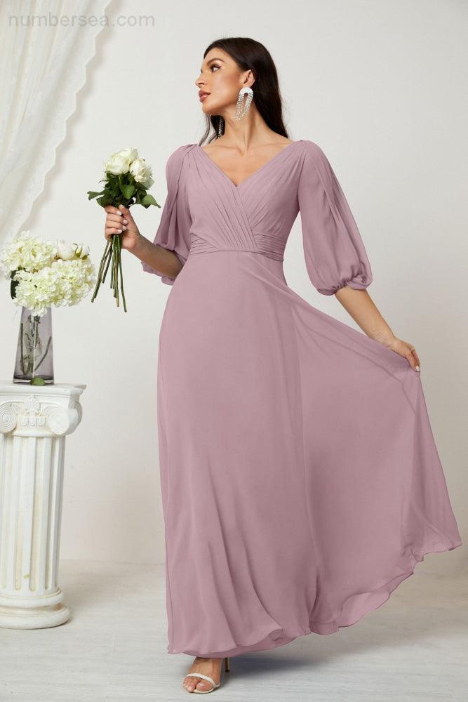 Numbersea Formal Prom Gown Women V-Neck Chiffon Bridesmaid Dresses Long Bishop Sleeve Party Dress 2807-numbersea