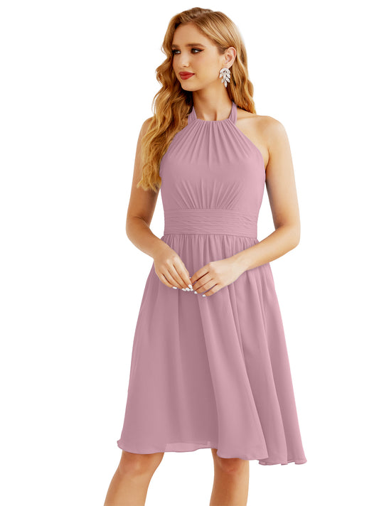 Numbersea Neckholder-Brautjungfernkleid aus Chiffon, kurz, ärmellos, formelles Partykleid, offener Rücken, 28023